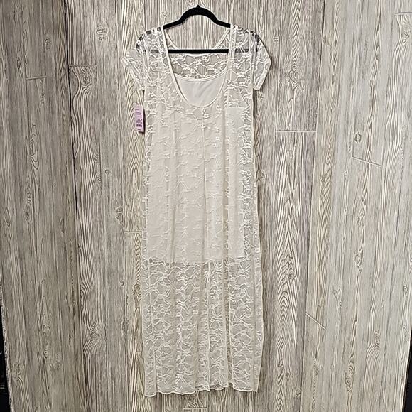 Wild Fable Off White Lace Maxi Dress Over Mini Short Sleeves Womens Large NWT - Picture 7 of 12